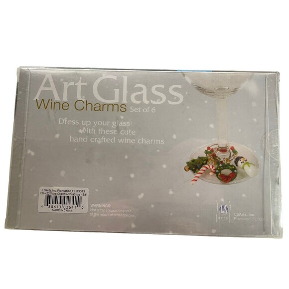 LS Arts Christmas Wine Glass Charms Ornaments Holiday Set Of 6 Hand Crafted - Picture 5 of 6